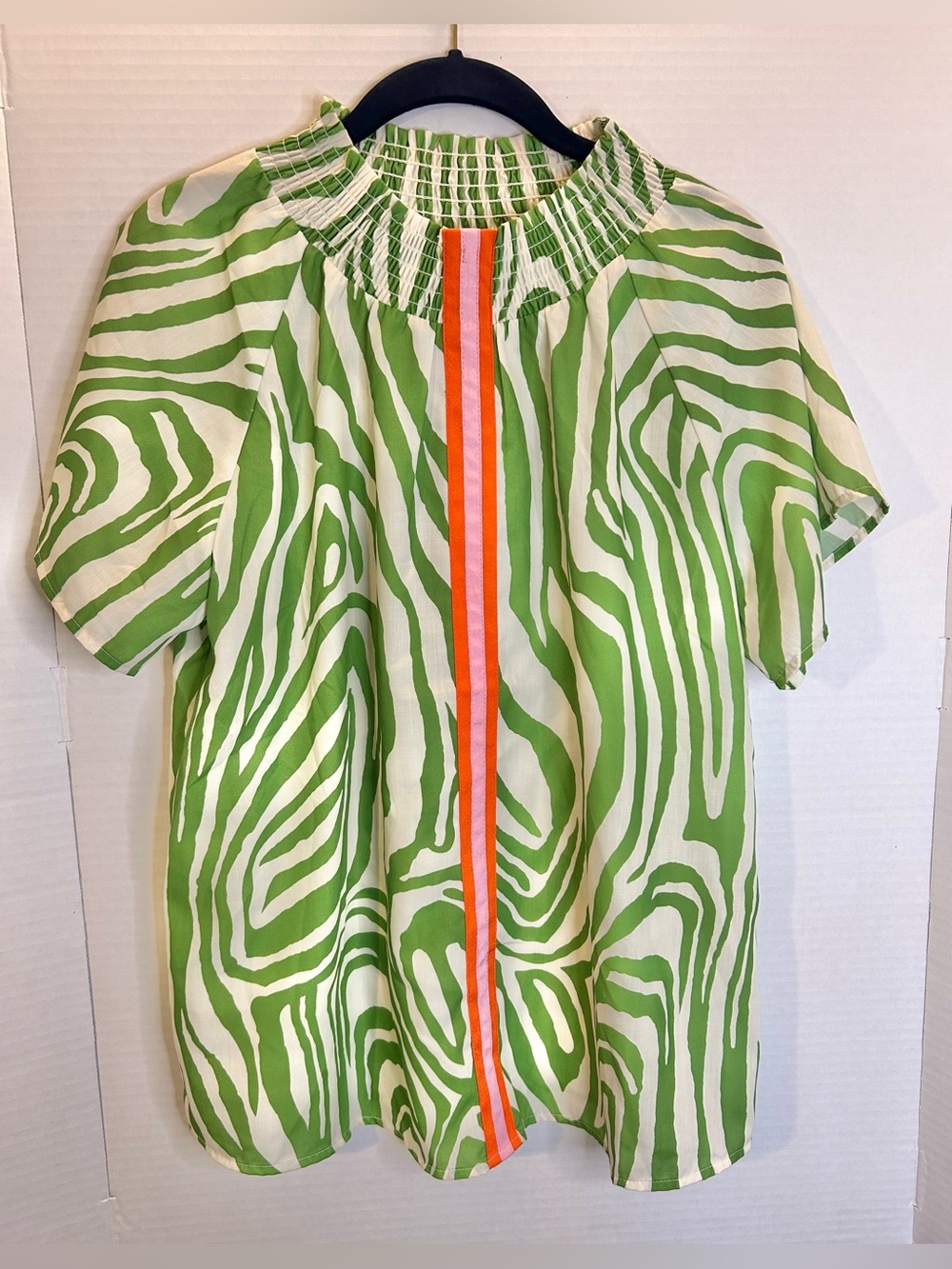 THML Estelle Sz L Green/White Zebra Print W/Pink Center Stripe/Neck Smocking